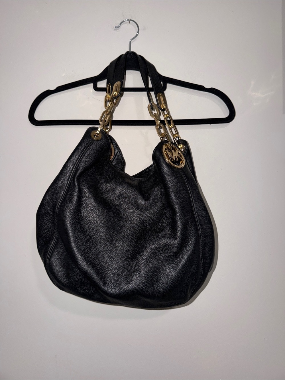 Michael Kors Black Leather Hobo with Gold Chain Accents